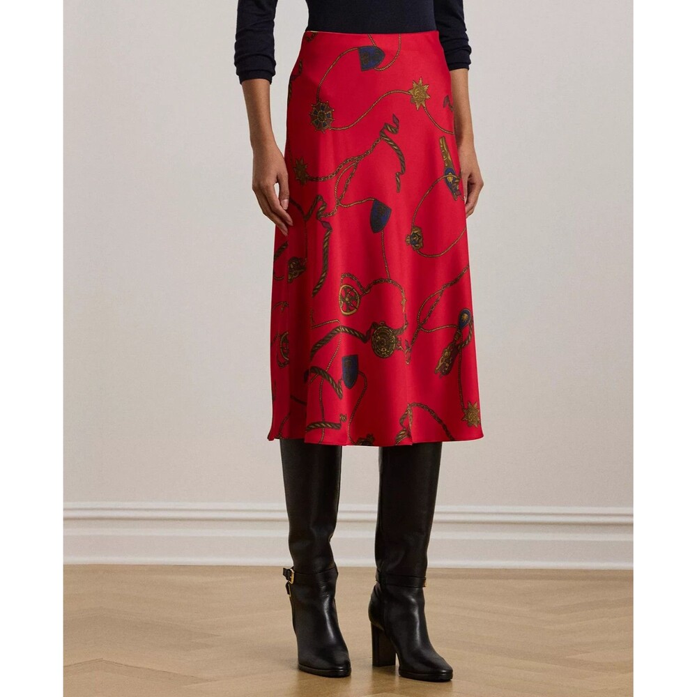 Lauren Ralph Lauren Women's Belting-Print Satin Charmeuse Midi Skirt Red 14